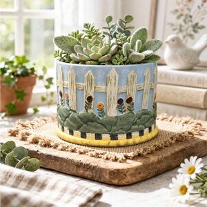 Vintage Cottage Garden Planter Pot Blue White Picket Fence Floral Farmhouse